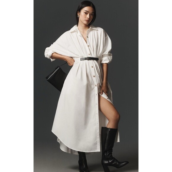 by anthropologie pleated buckle midi shirt dress Anthropologie Buckle-Front Midi Shirt Dress